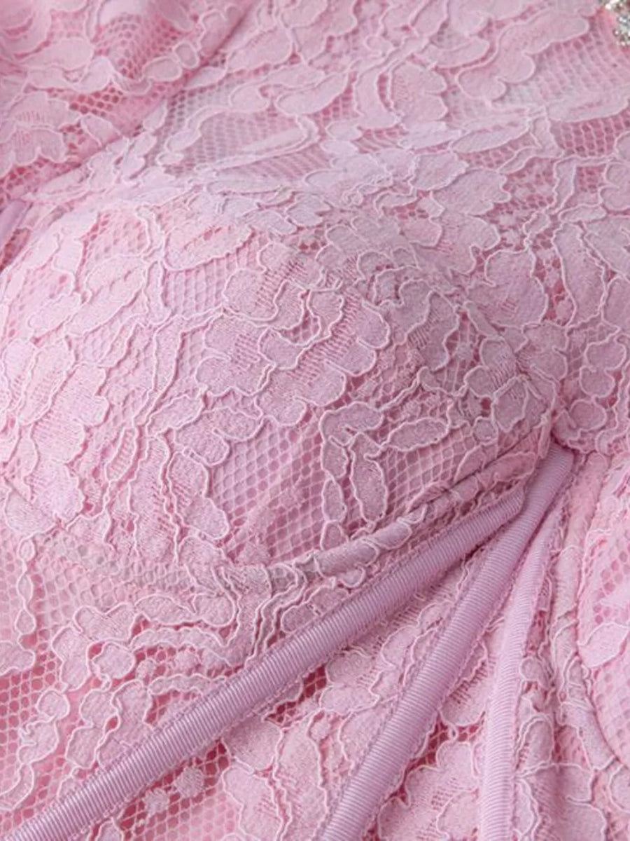 Pink lace midi dress with sheer sleeves and corset detail