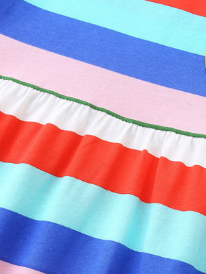 Toddler cotton dress with rainbow stripes and a ruffled hem detail.