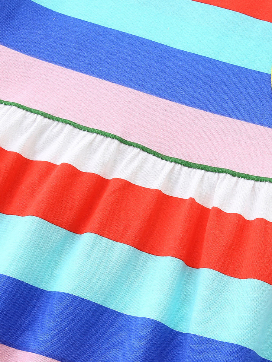 Toddler cotton dress with rainbow stripes and a ruffled hem detail.
