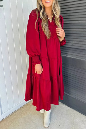 Solid Color Ruffle Trim Tiered Midi Dress option 5