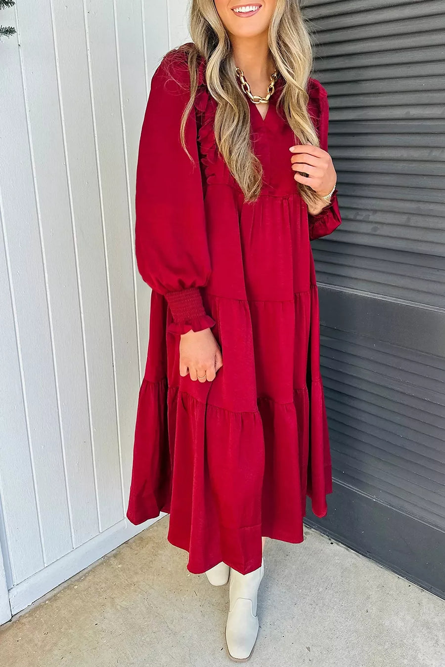 Solid Color Ruffle Trim Tiered Midi Dress option 5