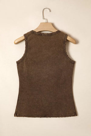 Brown ribbed Henley snap tank top with raw hem detail.