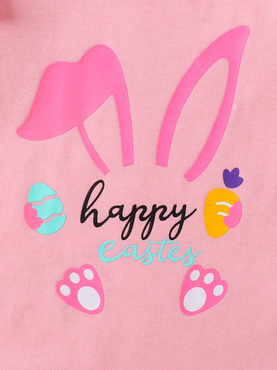 Pink baby set with bunny ears, happy easter text, eggs, carrot and paw prints.