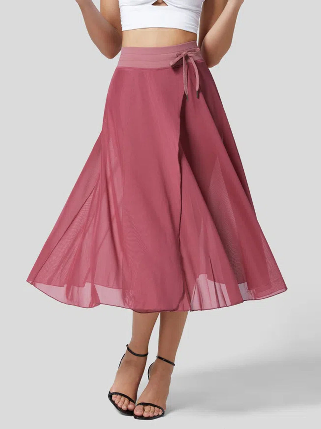 Flowy midi skirt in Rose Red with drawstring and shorts liner