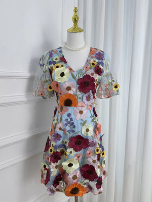 Light blue embroidered floral mesh dress with short sleeves and v-neck