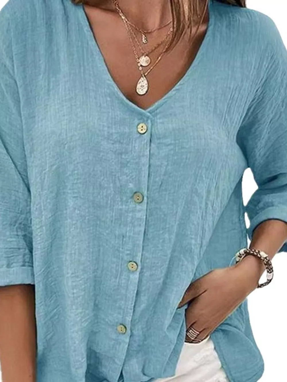 Green Full Size Casual V-neck Button-down Blouse
