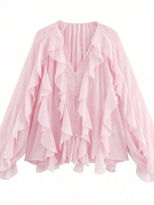 Pink sheer long-sleeve blouse with cascading ruffles and button front.