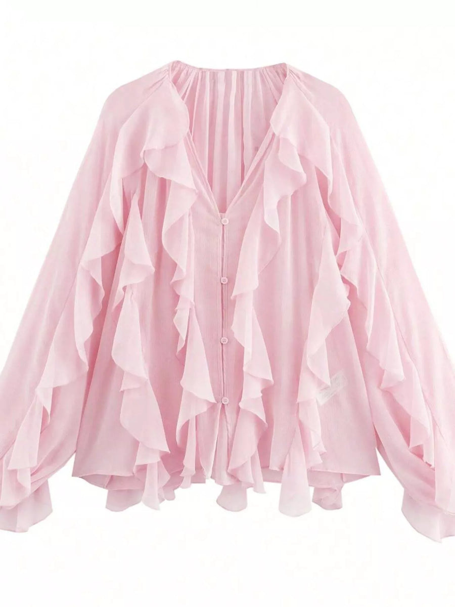 Pink sheer long-sleeve blouse with cascading ruffles and button front.