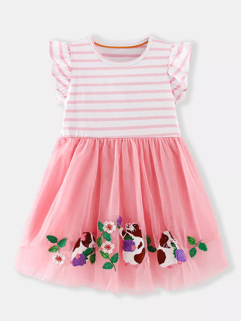 Toddler pink tulle dress with embroidered guinea pigs and flowers, striped top with flutter sleeves.