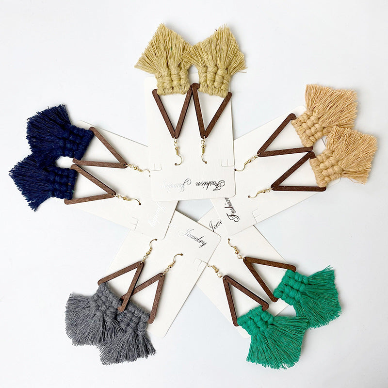 Macrame triangle tassel earrings in dark blue, dark green, dark gray, camel, and chartreuse.