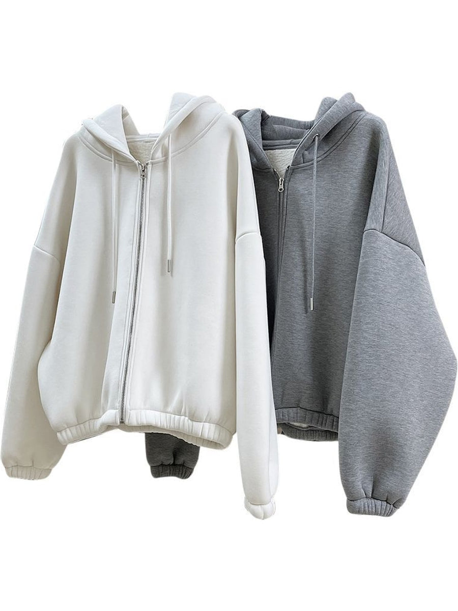 cream zip hoodie with hip-length and zip-front