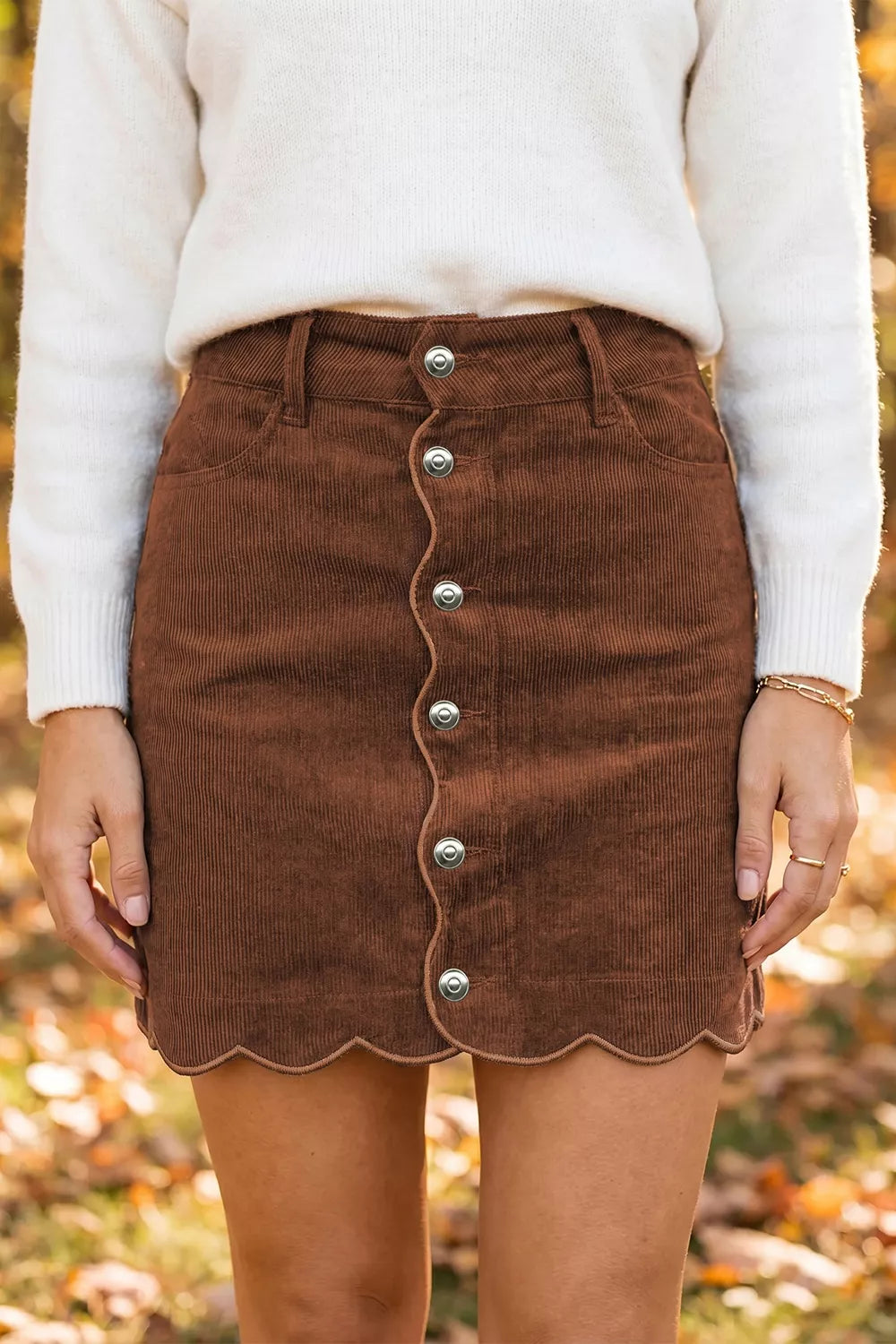 Brown Button Front Corduroy Mini Sheath Skirt