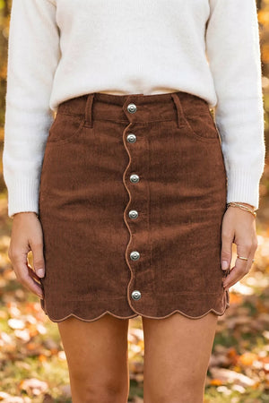 Brown Button Front Corduroy Mini Sheath Skirt