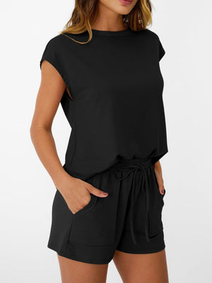 Black round neck cap sleeve loungewear set with drawstring shorts and pockets