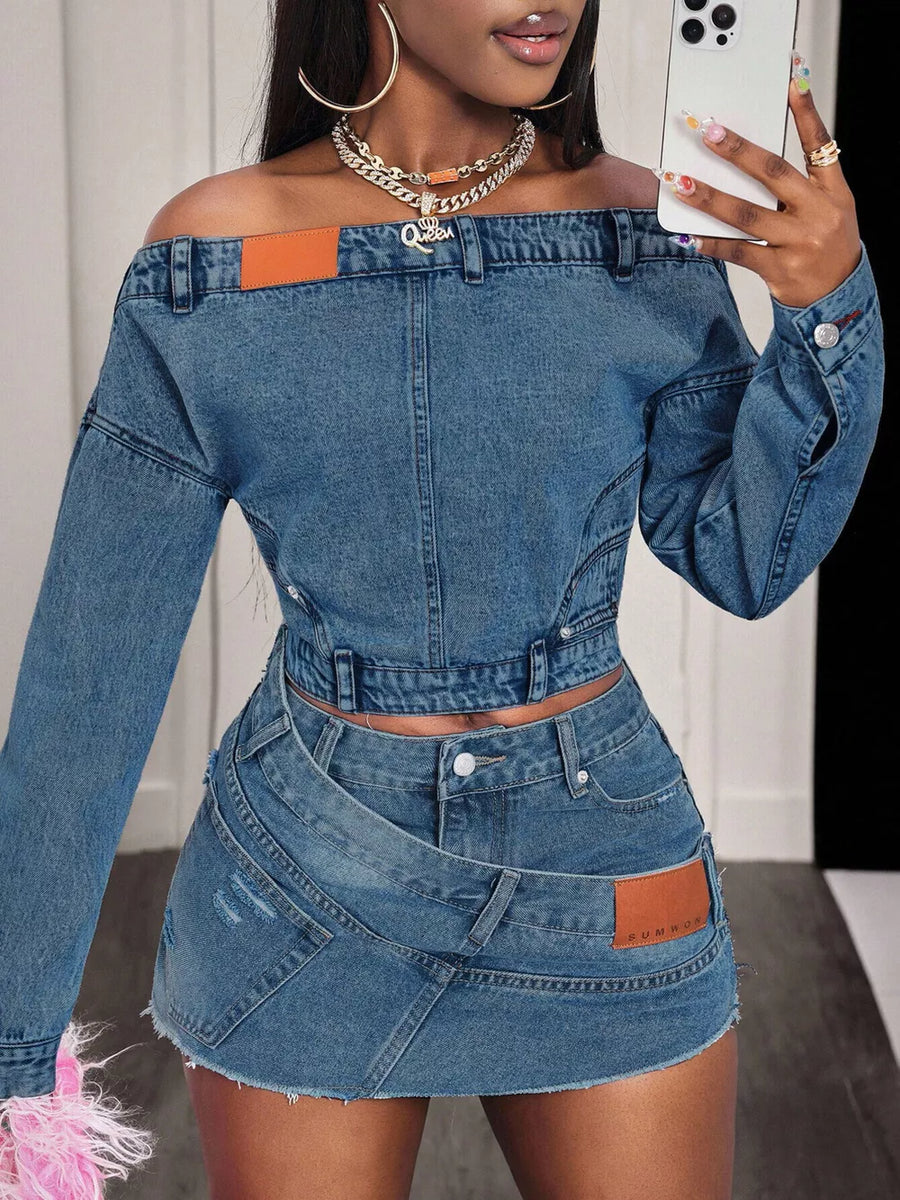 modern off-shoulder top in medium blue with off-shoulder