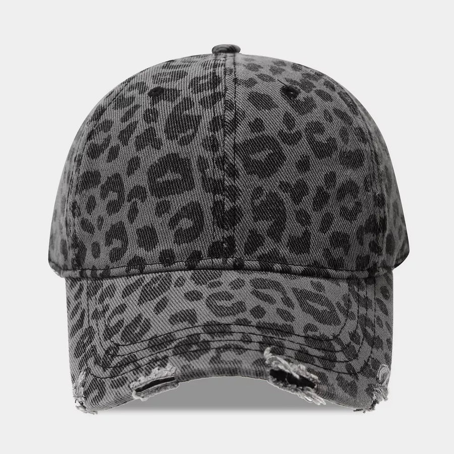 black cap featuring distressed and leopard