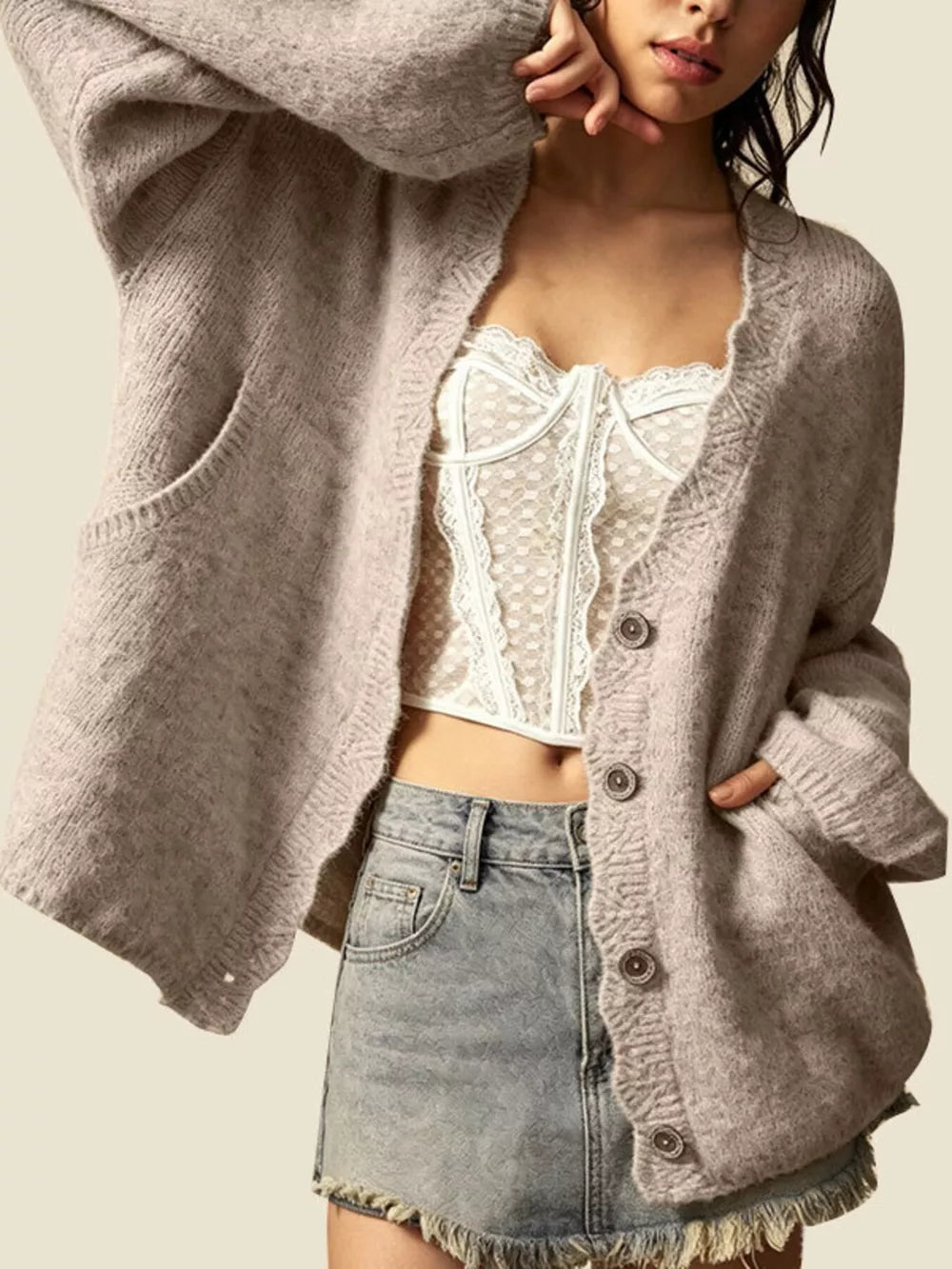 Button-down V-neck Oversized Knit Top in mustard yellow with oversized