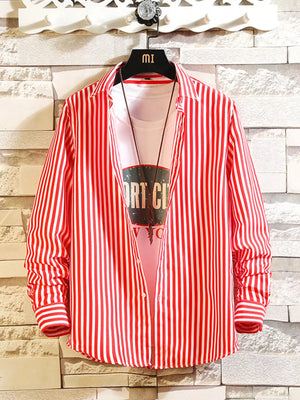 Green Men's Plus Size Striped Button Up Casual Shirt