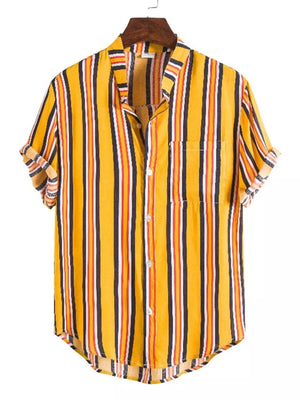 Pastel Blue Men's Plus Size Striped Button Up Short Sleeve Shirt