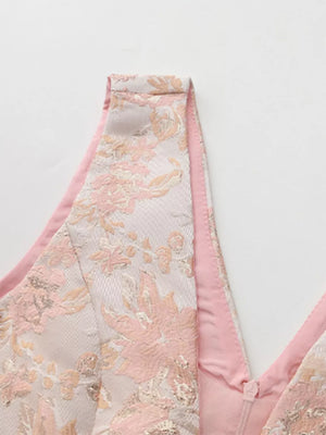 Floral appliqué midi dress in pink with V-neck and lined body.