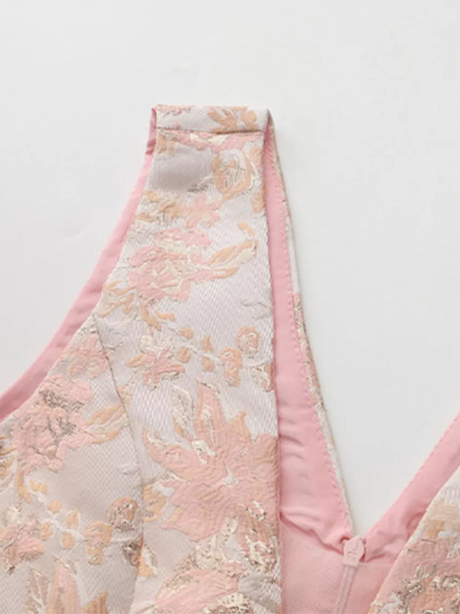 Floral appliqué midi dress in pink with V-neck and lined body.