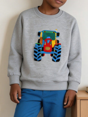 light gray sweatshirt with graphic print and crew neck