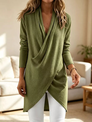 blouse in olive green featuring wrap-front and relaxed fit