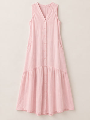 Full Size V-Neck Button Front Sleeveless Midi Dress in White with pocketed