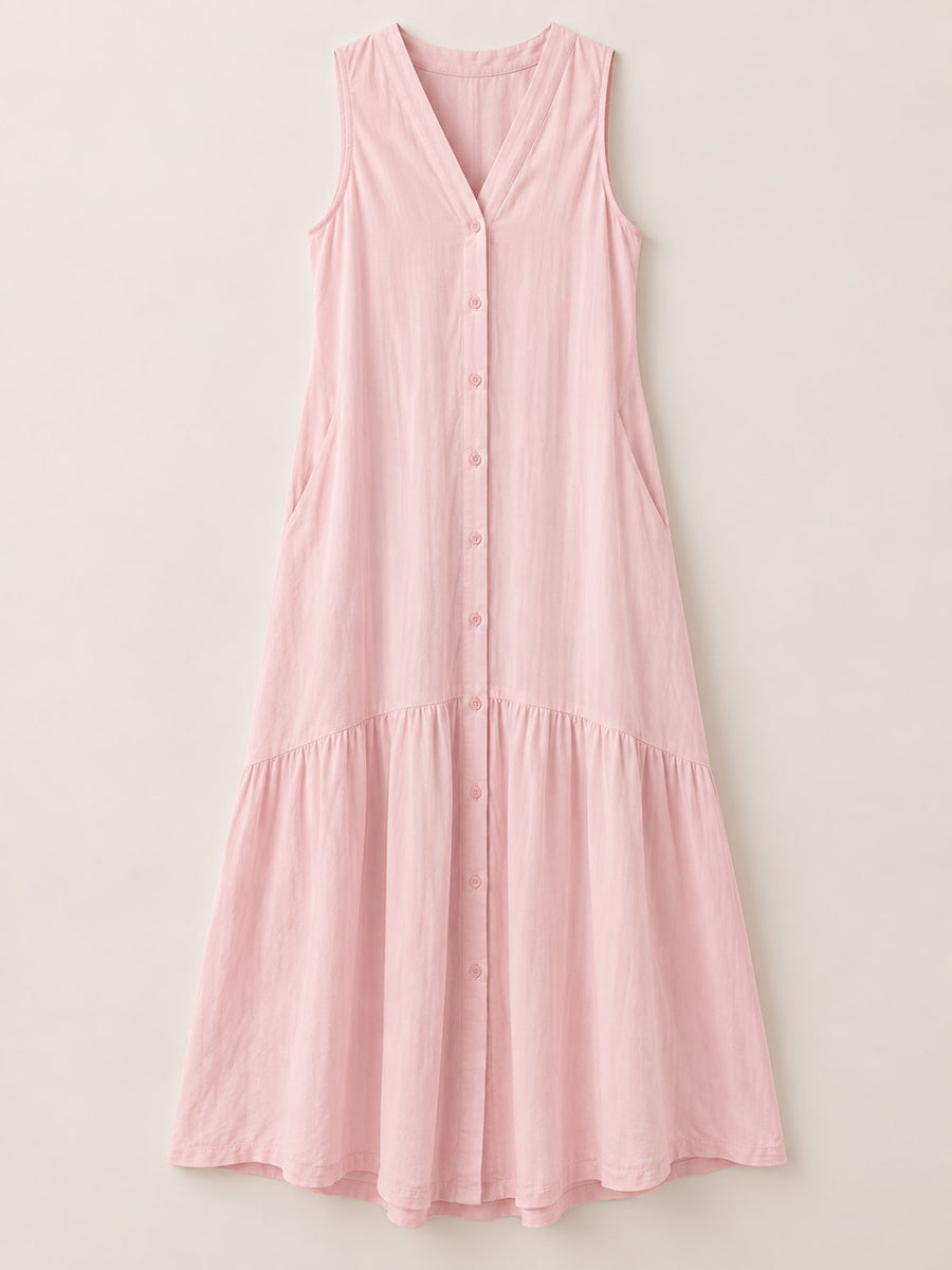 Full Size V-Neck Button Front Sleeveless Midi Dress in White with pocketed