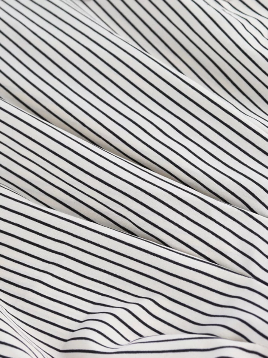 Black and white striped maternity shirt with cinched waist detail
