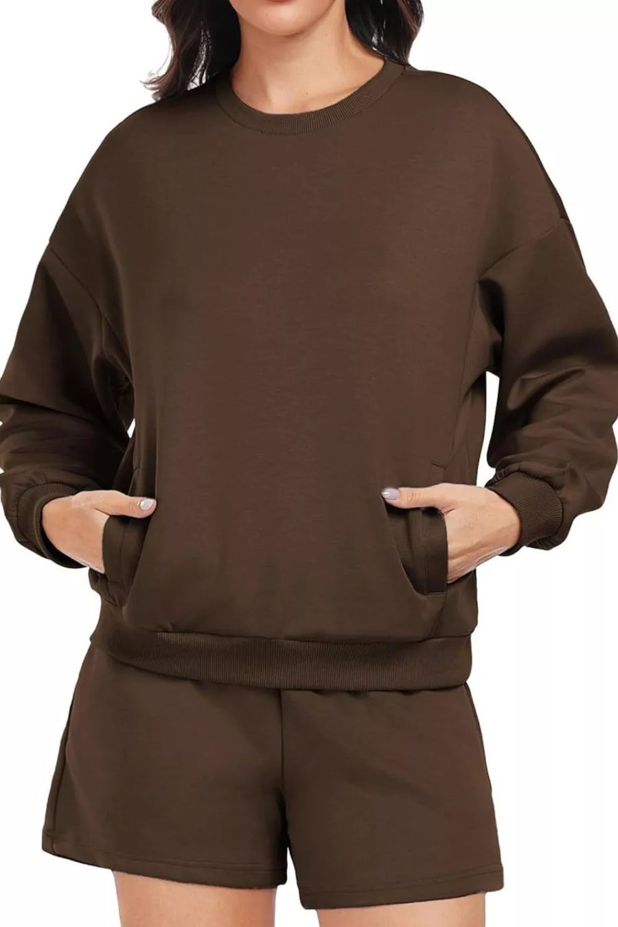 Cozy two-piece loungewear set in Dark Brown with crewneck sweatshirt and shorts.