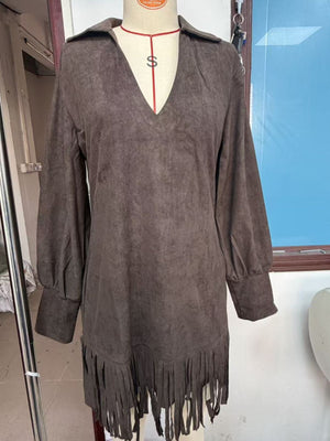 100% polyester Care instructions: Machine wash cold mini dress in Brown with A-line silhouette
