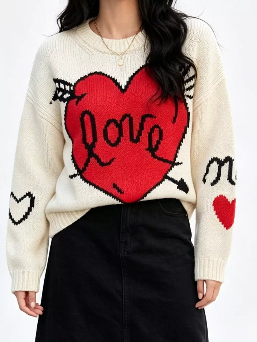 Pink Heart Round Neck Ribbed Sweater