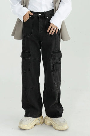 Washed black denim utility cargo pants with multiple pockets and a relaxed fit.