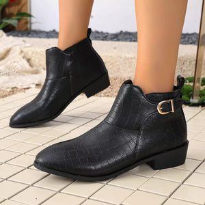Khaki boots featuring point toe and crocodile-embossed