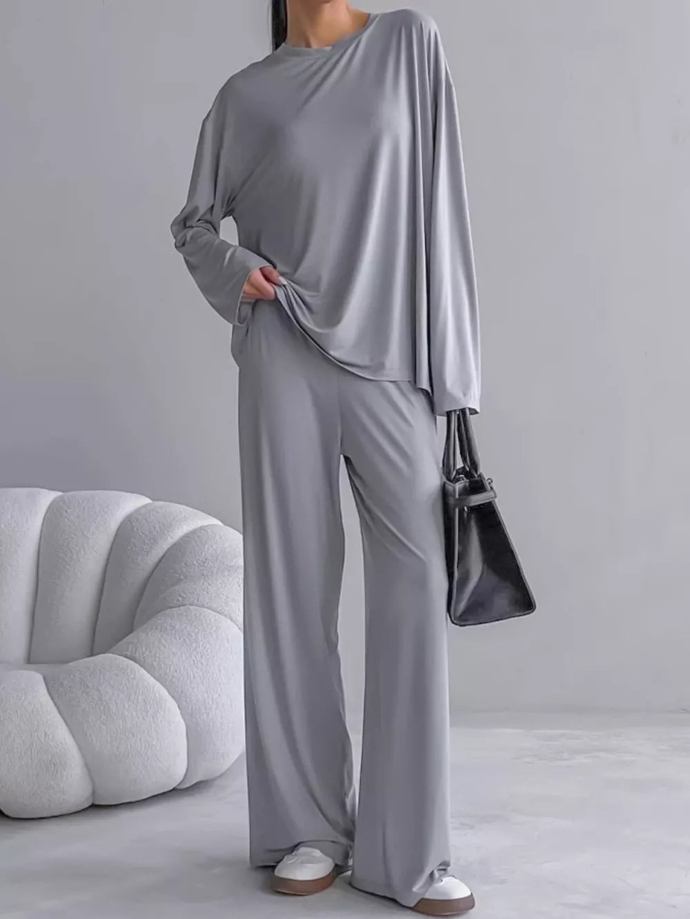pajama set in slate gray featuring two-piece and relaxed fit