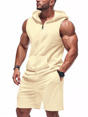 Sleeveless zip-up hoodie and shorts set in pastel yellow, perfect for athletic or casual wear.