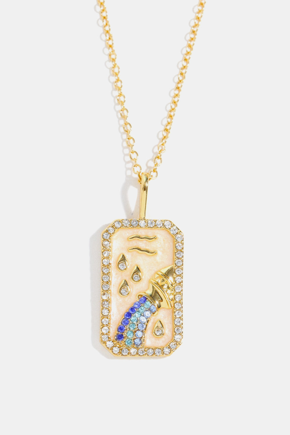 14K gold-plated Aquarius zodiac sign crystal pendant necklace with rhinestone border
