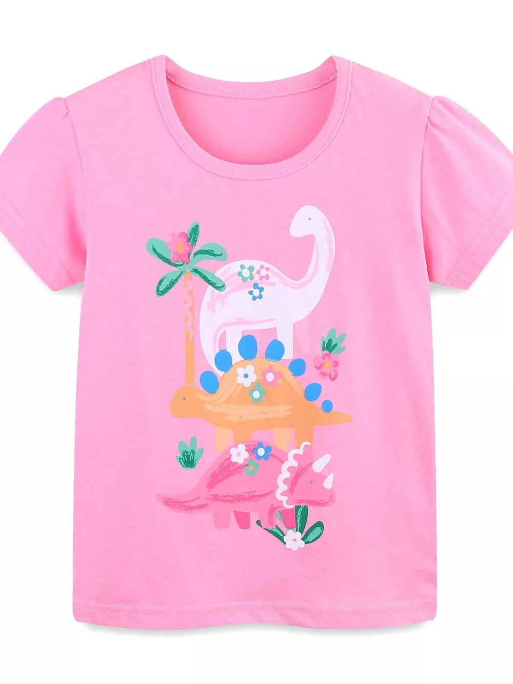 Hot Pink cotton t-shirt with a charming dinosaur print and puff sleeves.