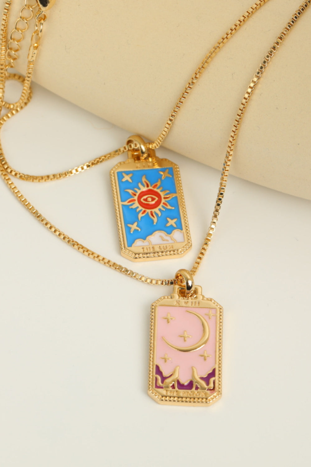 Celestial tarot pendant necklace set with sun and moon charms, gold chain