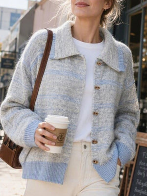 light grey cardigan with striped and collared