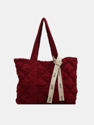 Burgundy diamond quilt nylon tote bag with logo strap