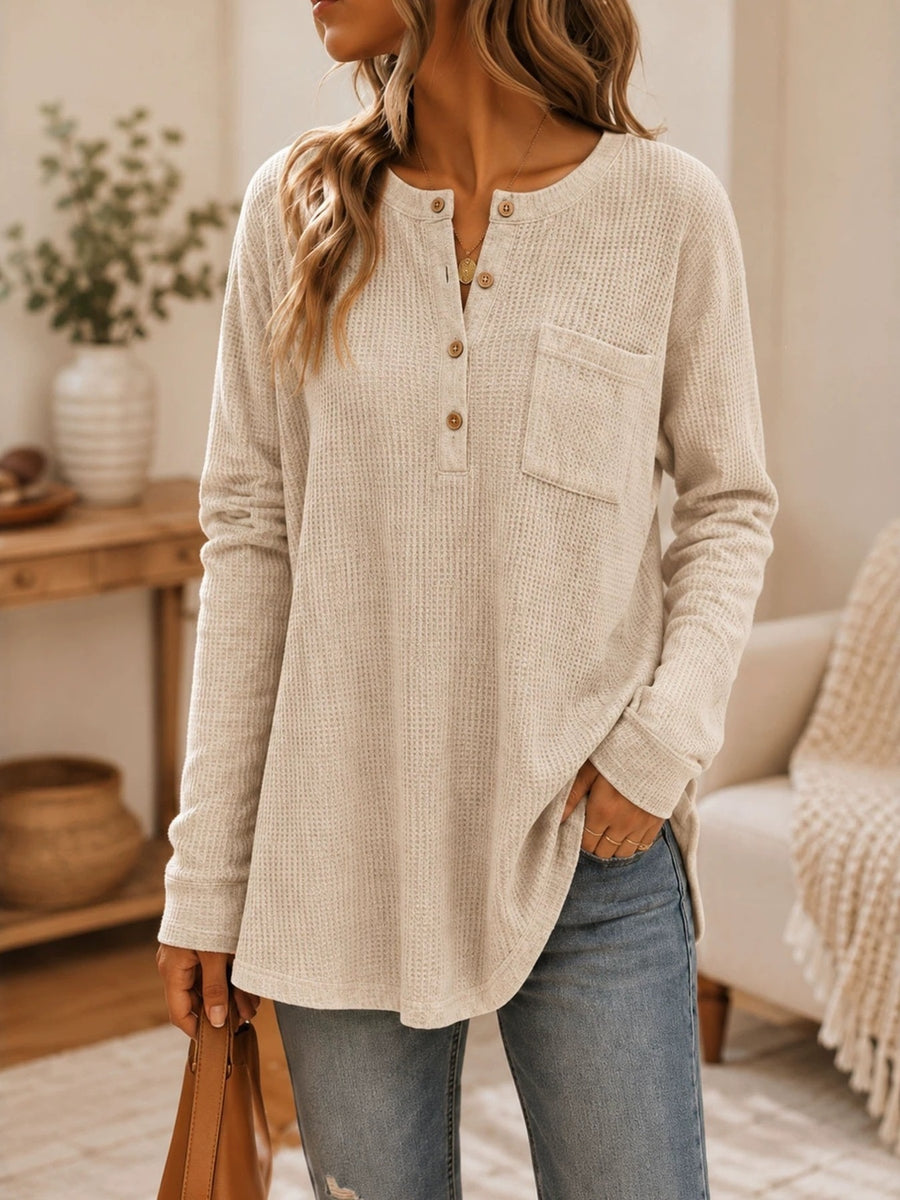 henley in oatmeal featuring waffle-knit and relaxed fit