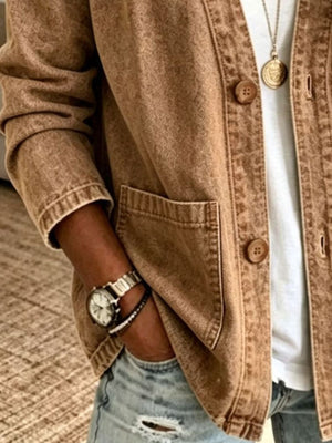 classic denim jacket in light blue with v-neck