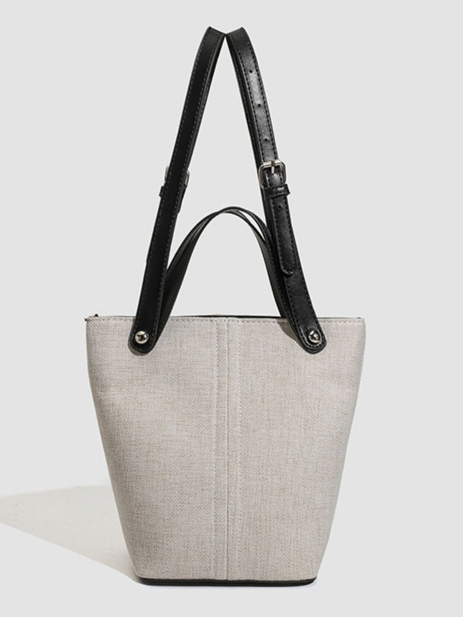 Canvas Bucket Handbag Tote Bag With Leather Straps in Light Gray with adjustable strap