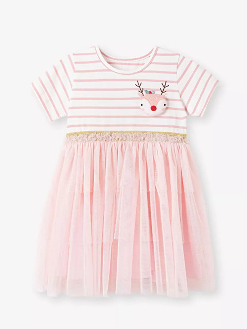 Girls pink striped t-shirt dress with reindeer applique and tiered tulle skirt