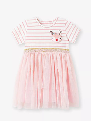 Girls pink striped t-shirt dress with reindeer applique and tiered tulle skirt