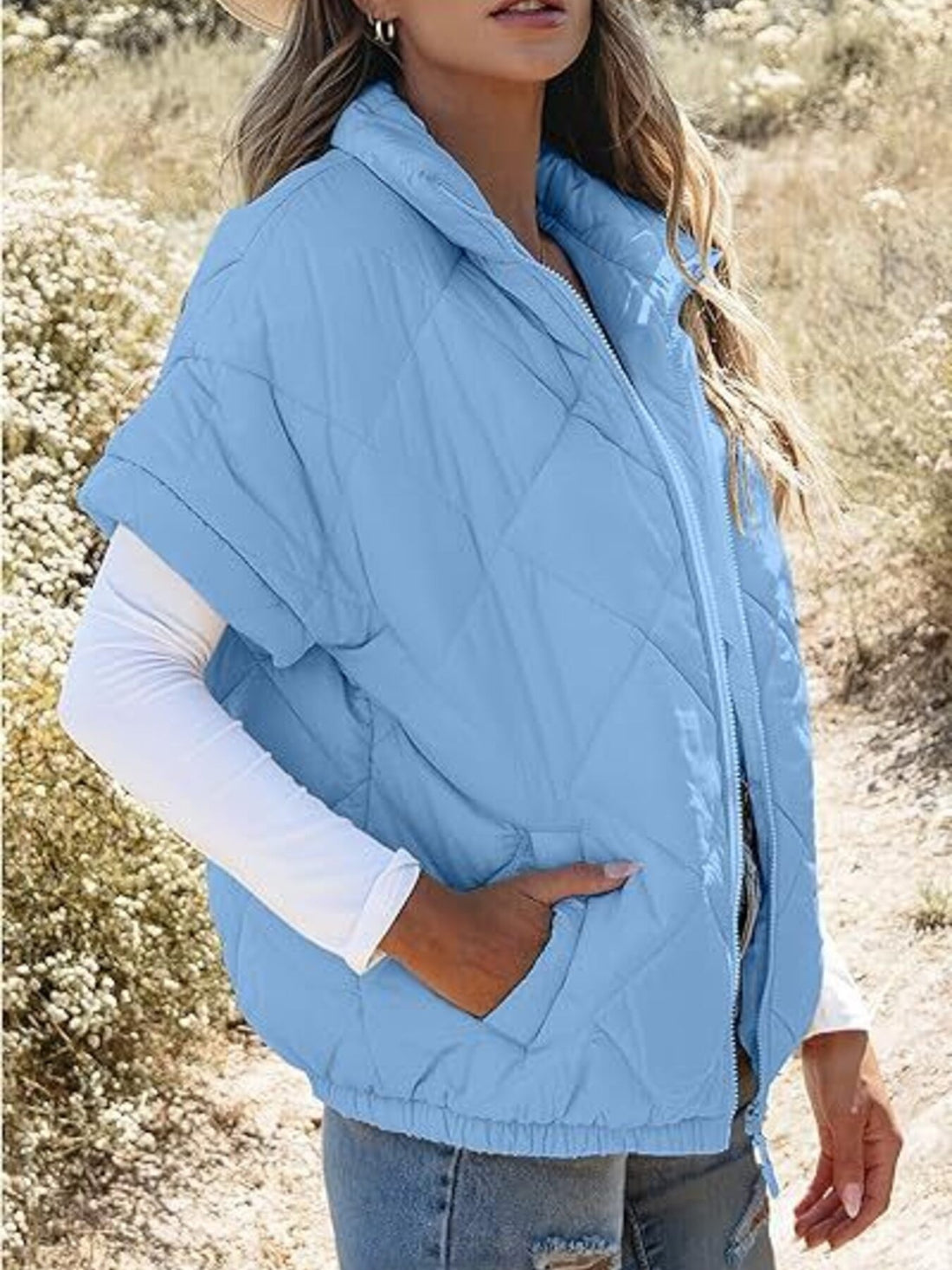 Khaki quilted jacket with hip-length and zip-front