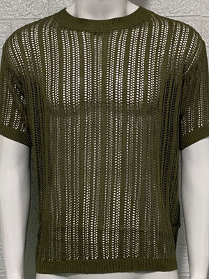 Open-knit boxy crew neck sweater in army green acrylic with short sleeves.