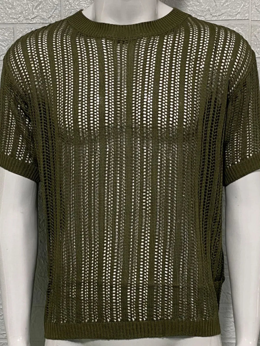 Open-knit boxy crew neck sweater in army green acrylic with short sleeves.